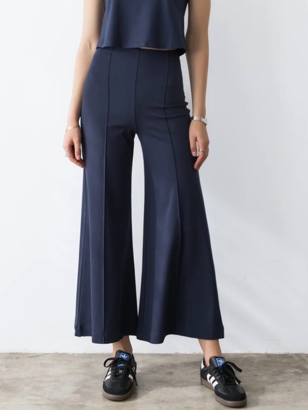 Ripley Rader cropped ponte stretch knit wide leg pants front seam high rise L